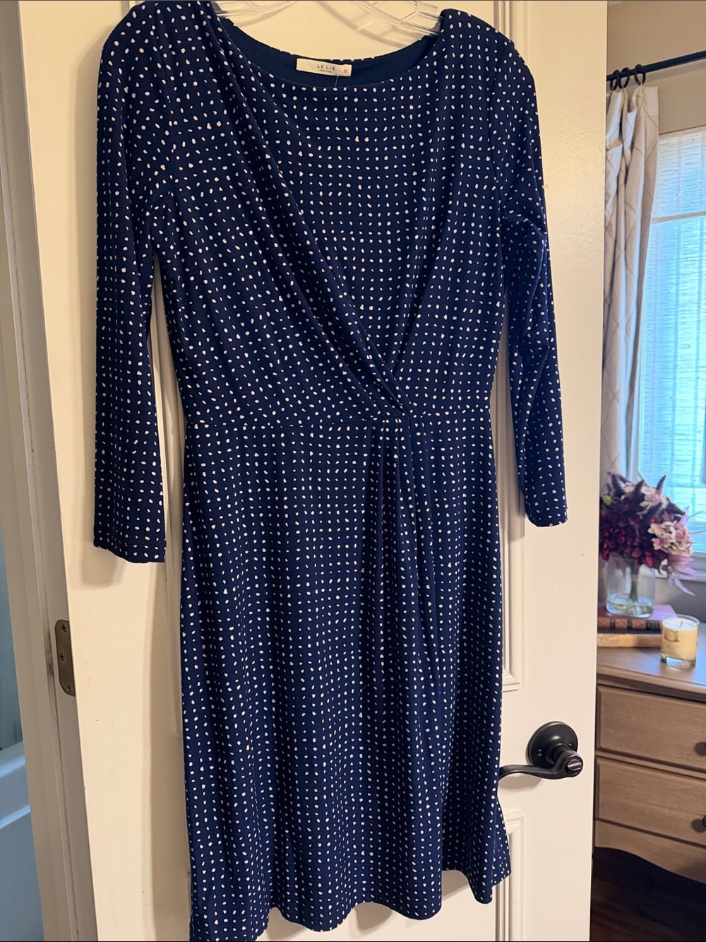 LK Bennett Navy Blue with White Dot Long Sleeve Wrap Dress